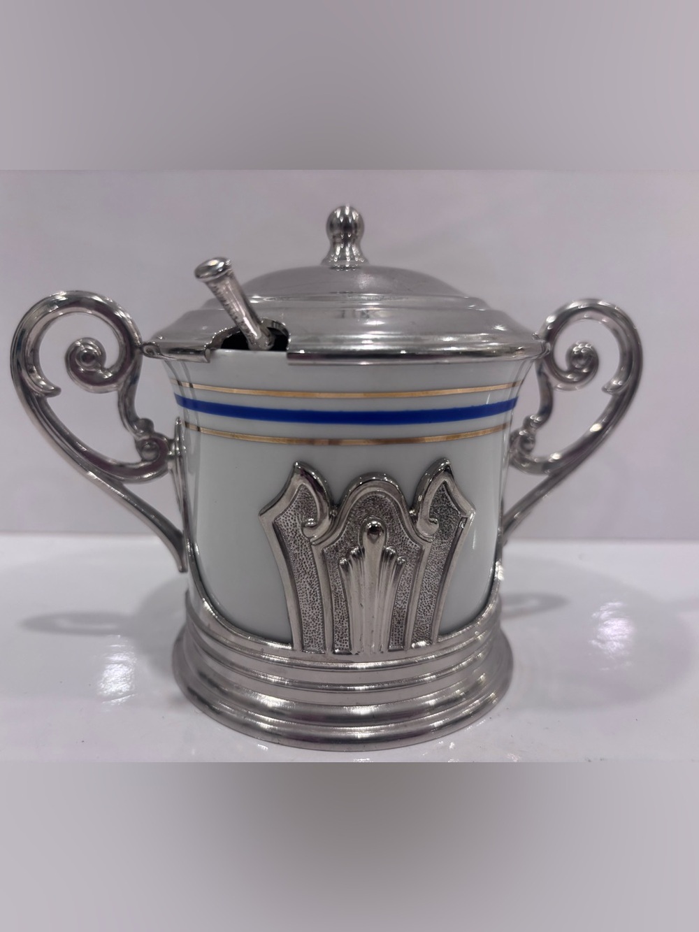 Vintage Italian Porcelain mustard pot w spoon. Made in Italy  B.P. Zinc